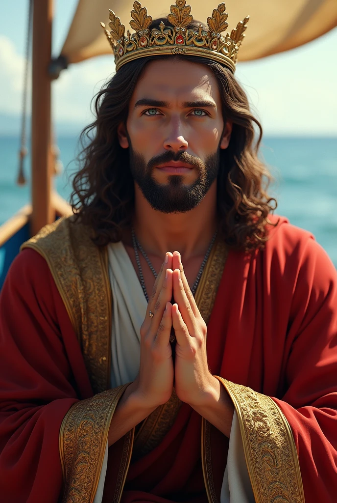 Perfect hand 5 finger, Portrait of a handsome Jesus Christ wearing the red king clothes with king crown in the boat, Jesus Christ, real blue eyes, sunny day, intricate details.real Jesus Christ, straight head face, Straight body.Prayer Jesus Christ, perfect full body, perfect hands finger,Prayer Jesus Christ, praying Jesus Christ backgrounds natural photographic