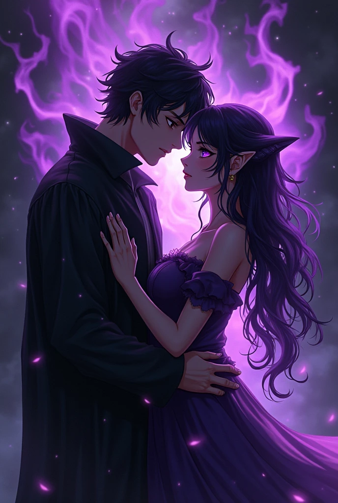 um casal, naughty man: tall black hair, eyes browns, ele e um shadowmancer suas vestes sao de um, the shadows near him come to life, Woman: Kitsune, purples eyes, She is a pyromancer, the flames near her turn purple, They are together as a couple kissing as their powers unite, anime styling