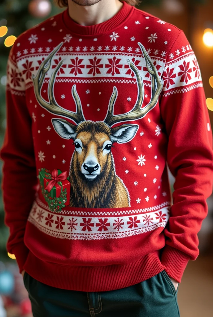 Vivid and cute elk pattern，Can be a whole elk or just the head，This cute character is instantly recognizable。Adding snowflakes to the sweatshirt、gift box、Christmas elements of Christmas tree lights，Complements the elk pattern。Red as main color，It creates a strong festive atmosphere。Crewneck sweatshirt，Pattern layout： The pattern can be placed on the chest，Choose the right layout based on your design needs and style。