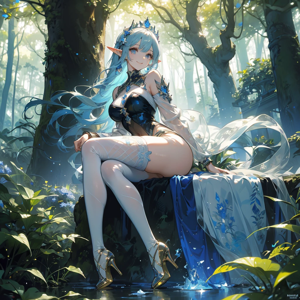 ((masterpiece, best quality)),Elf,Royal sister,forest,Sea of trees,Pure white background,Detailed face,Smile,whole body,Perfect body proportions,Glowing milky white eyes,sexly,Lush foliage and warm sunshine,Tattoo,extremely beautiful,transparent,High heel,Fishnet stockings,Star decoration,