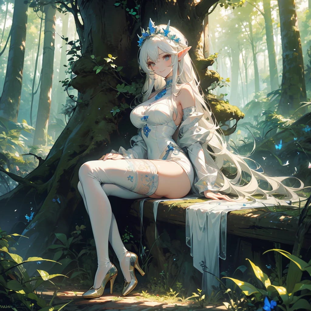 ((masterpiece， best quality))，Elf，Royal sister，forest，Sea of trees，Pure white background，Detailed face，Smile，whole body，Perfect body proportions，Glowing milky white eyes，sexly，Lush foliage and warm sunshine，Tattoo，extremely beautiful，transparent，High heel，Fishnet stockings，Star decoration,