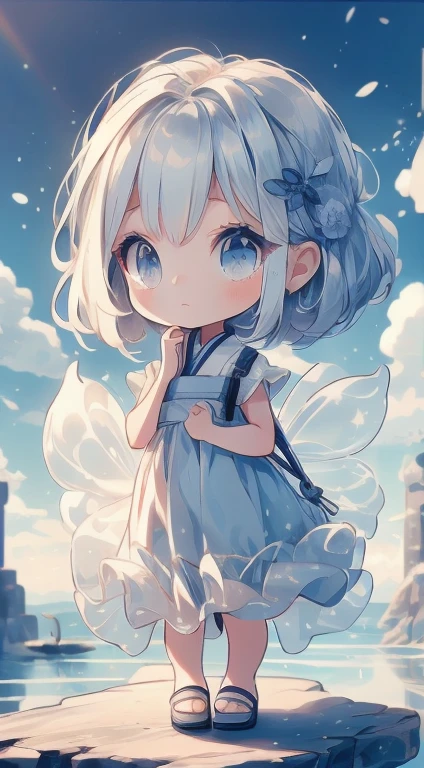 There is a blue dress, , , Standing gracefully on a lotus flower, Heavenly Beauty, Wearing a blue Chinese dress,, Girl in Han Dress, Wearing a blue Chinese dress, Summer is full of fairies, White Hanfu, , loose fitting dress, Light blue、high resolution、Ultra delicate、Super beautiful