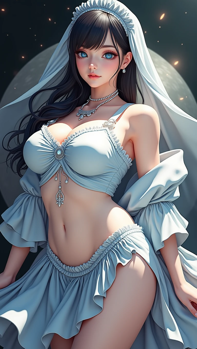 sad adult woman with Dark blue hair, sapphire color eyes, disheveled clothes, in a castle,white transparent see through tank top, large natural breasts, legs spread, shaved vagina, open legs,