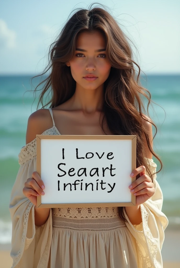 Beautiful girl with wavy long hair, bohemian dress, holding a white board with text "I Love Seaart Infinity" and showing it to the viewer