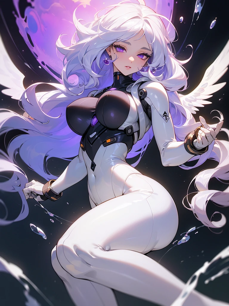 ((ultra quality)), ((masterpiece)), ((Water)), ((fire)), ((Angelic beauty woman)), ((long white curly hair)), ((White hair)), ((White hair)), ((curly hair)),  (beautiful face), (beautiful female lips), Enchanting ((Seductive facial expression)), looks at the camera with a slight smile, (White skin color), (White skin), glow on the body, ((detailed eyes)), ((violet eyes)), (juicy female lips), (dark eyeliner), (beautiful female hands), ((thick body)), ideal female body, ((combat suit)), beautiful waist, beautiful big hips, big breasts, thick thighs, ((Subtle and beautiful)) (), ((depth of field)), ((high quality clear image)), (delete details), ((High detail)), ((clear focus))