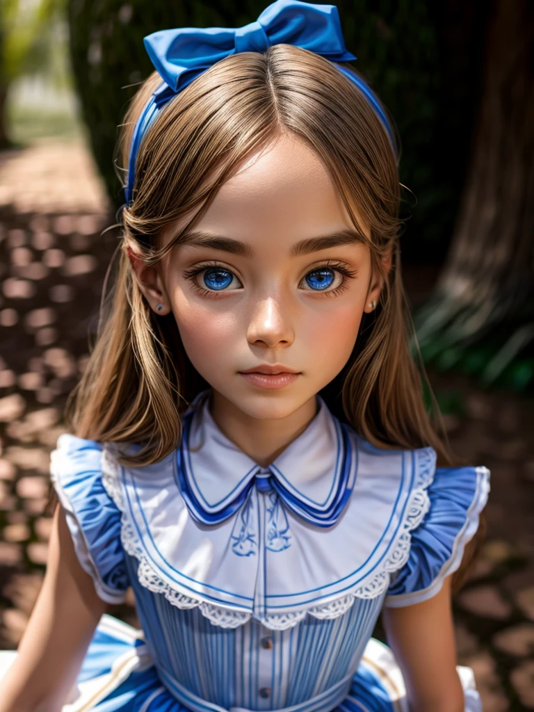 1 girl, Masterpiece, Best Quality, 8k, UHD, absurdres, full body, slim, anatomically correct, detailed skin texture, detailed fabric texture, beautiful detailed face, intricate details, ultra detailed, Alice in Wonderland, (a bow on his head:1.1), (((full body shot)))