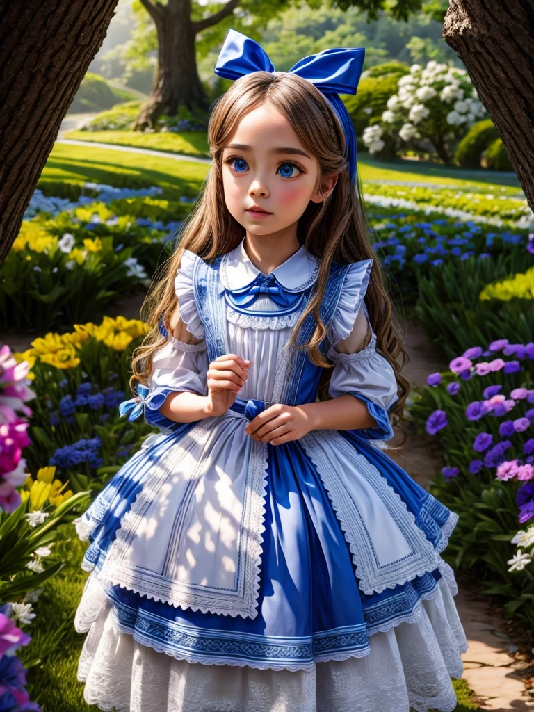 1 girl, Masterpiece, Best Quality, 8k, UHD, absurdres, full body, slim, anatomically correct, detailed skin texture, detailed fabric texture, beautiful detailed face, intricate details, ultra detailed, Alice in Wonderland, (a bow on his head:1.1), (((full body shot)))