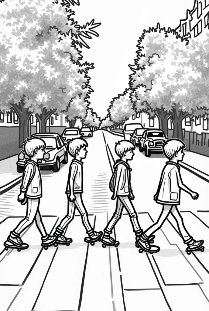 Create a rough line drawing of four skateboarder kids walking down Abbey Road。Background Black Children only use lines
