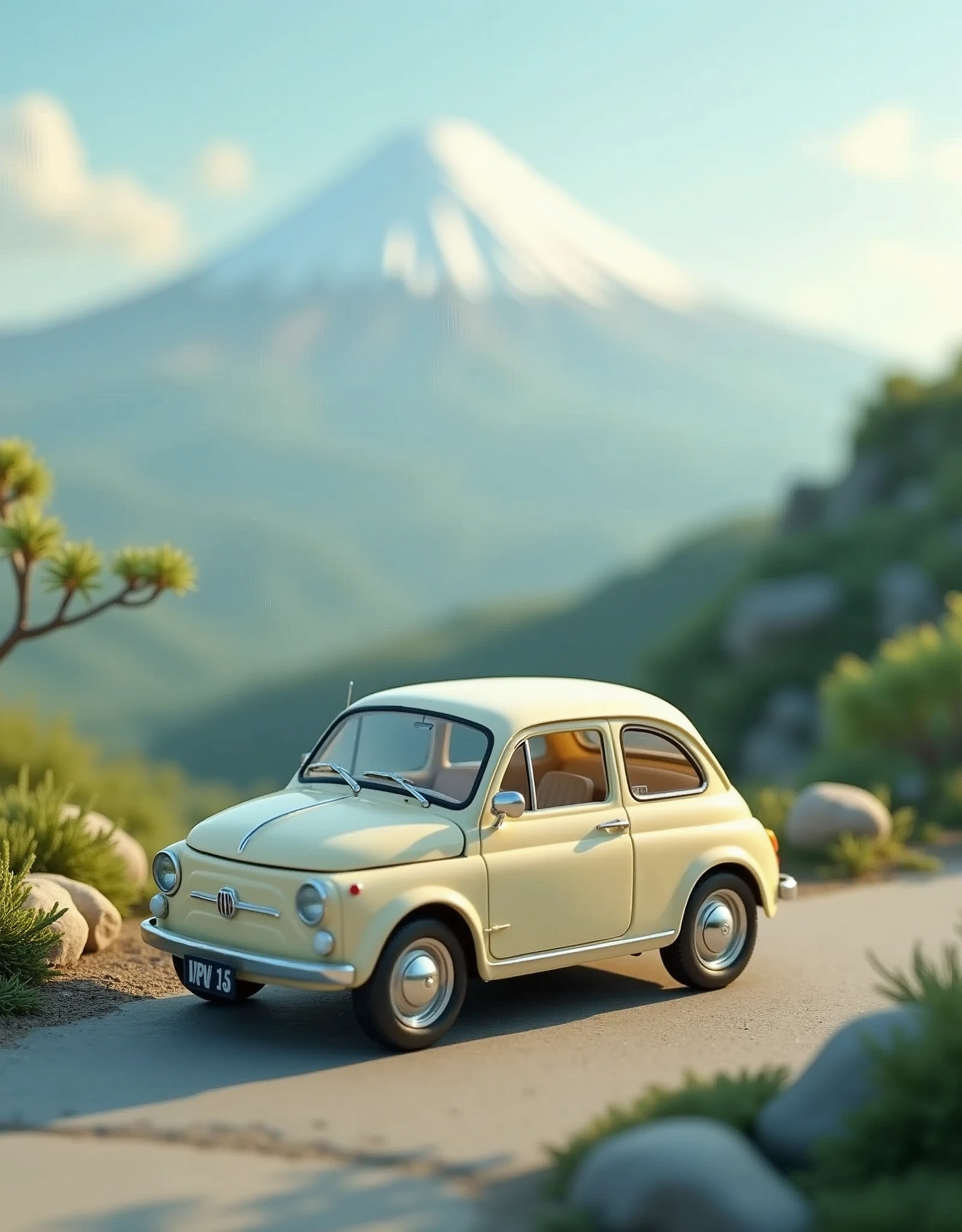 ((masterpiece,Highest quality,Highest quality)),Cream-colored Fiat 500 plastic model,Fuji Mountain,Isometric 3D diorama,Matte Paint,Gentle lighting