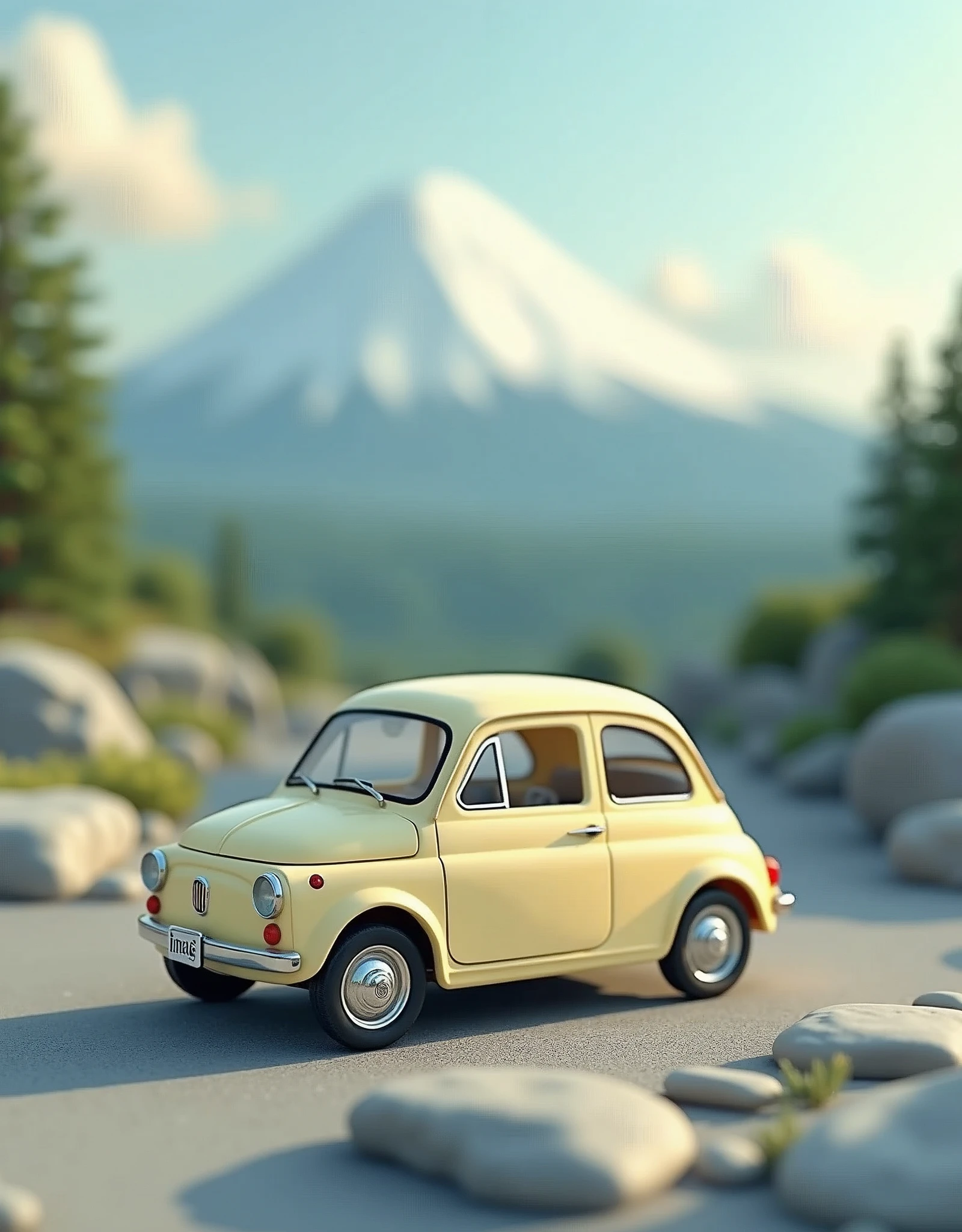 ((masterpiece,Highest quality,Highest quality)),Cream-colored Fiat 500 plastic model,Fuji Mountain,Isometric 3D diorama,Matte Paint,Gentle lighting