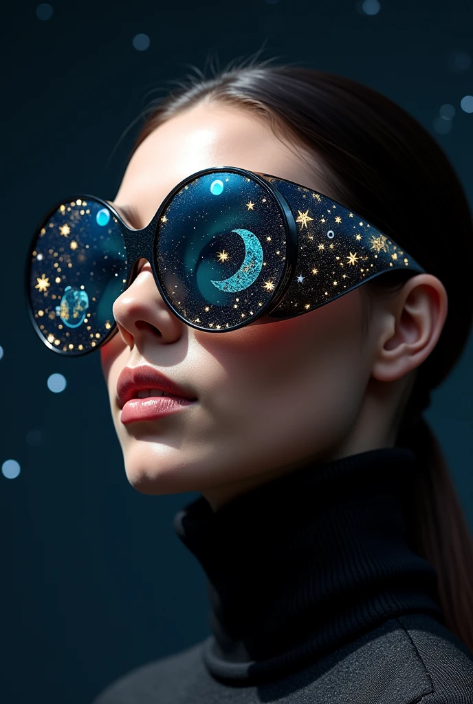 The model is wearing glass sunglasses with stars and the moon on the glass