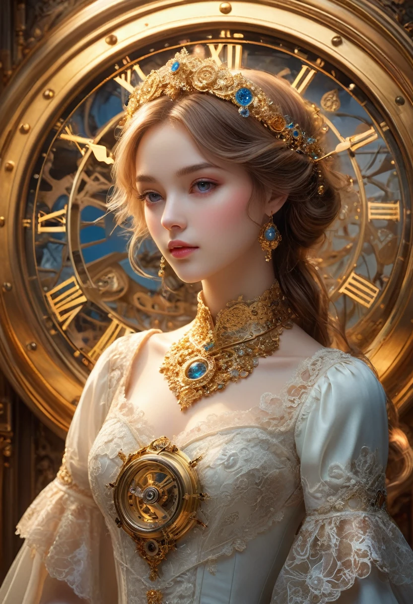 (best quality,4K,8K,high resolution,masterpiece:1.2),Extremely detailed,(Practical,photoPractical,photo-Practical:1.37),The complex mechanism of a mechanical clock, Dreamy atmosphere, The most beautiful girl in the world, Beautiful illustrations, Antique gold and brass, Fascinating lighting, Precision gears, Complex clock hands, Exquisite watch details, Fascinating mechanical movement, Magic Aura, Ethereal Beauty, Magical atmosphere, Delicate porcelain skin, captivatingexpression, Elegant clothing, Beautiful posture, Intricate lace patterns, Soft colors, Charming background scenery, A whimsical story, Mysterious and fascinating storyline, Suspenseful plot, Magical charm, Vivid and lively brushstrokes
