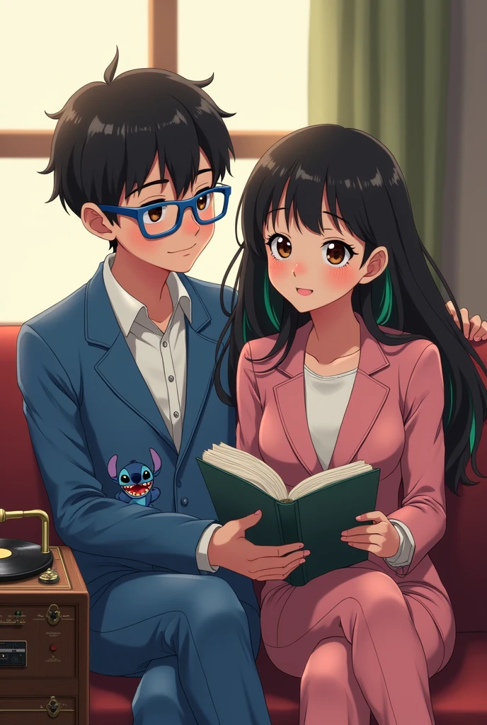 an anime couple, the boy who is listening to music, with black hair and blue frame colored glasses, and with brown eyes, in a blue Stitch suit and the girl reading next to him, with black hair and green highlights, The girl&#39;s hair is short in front and long in back, with dark brown eyes, with a pink Stitch suit, Next to them there should be a record player and a vinyl record, that the record player is seen in its entirety.

