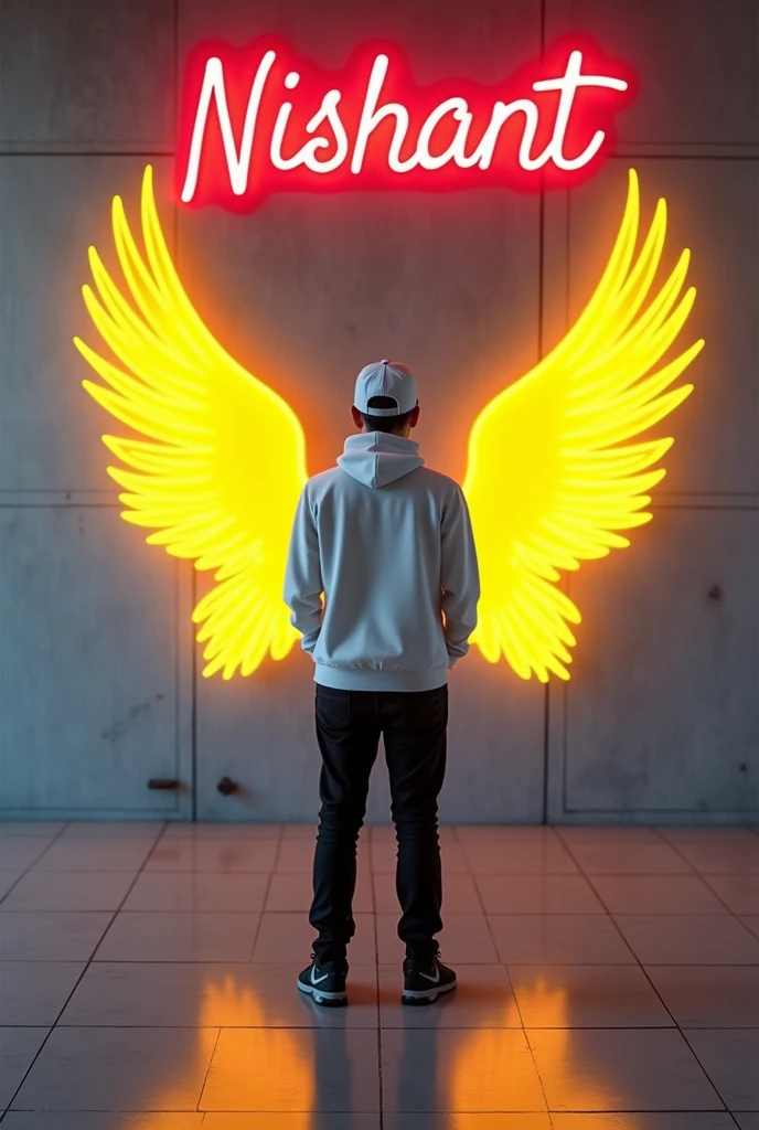 In this striking and futuristic scene, a mysterious individual stands confidently in front of a mesmerizing neon wall. The individual’s casual attire – a white sweater, white cap, black pants, and black shoes – contrasts with the vibrant neon wings in bright yellow, symmetrically placed on either side of the figure. The bold red neon quote "Nishant” adds an inspiring touch to the composition. The floor, made of tiles, reflects the grayish hue of the wall,