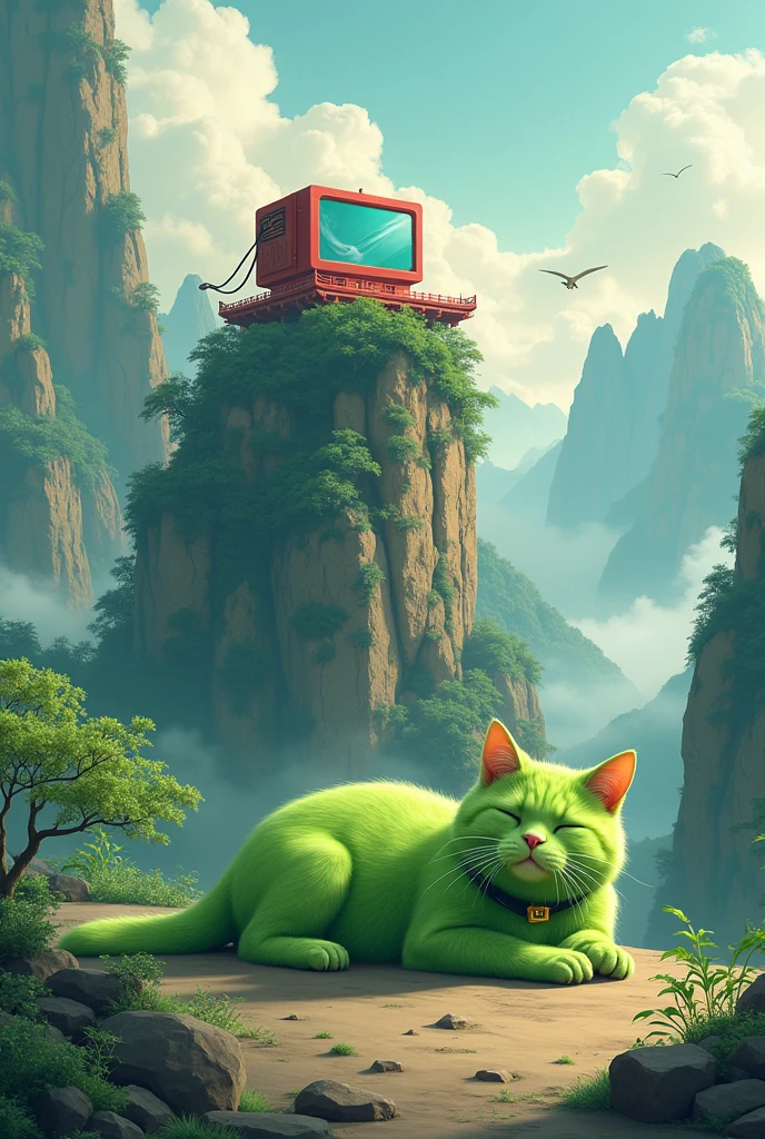 A cute green cat lying on the ground, lazy and unmotivated, with a computer on top of a huge mountain in the Chinese style background