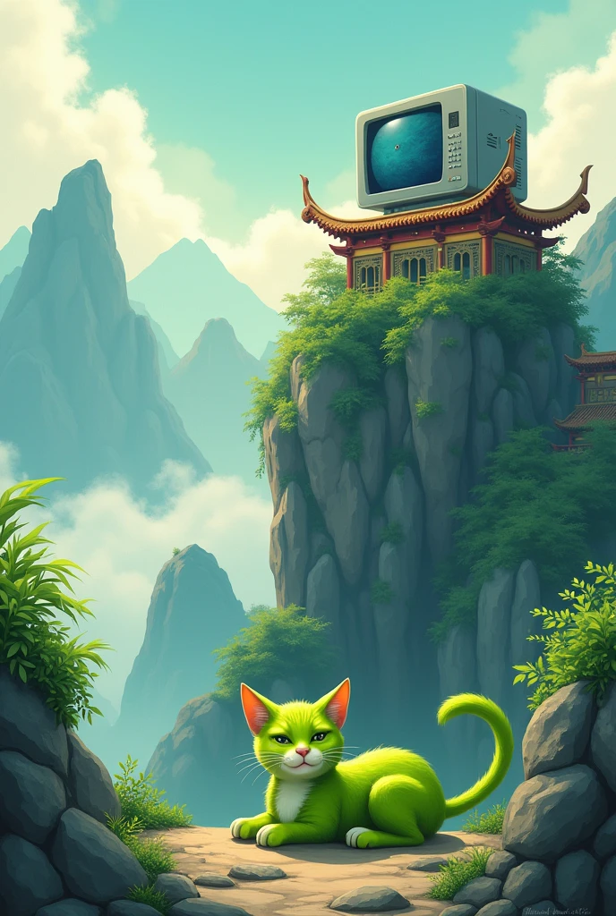 A cute green cat lying on the ground, lazy and unmotivated, with a computer on top of a huge mountain in the Chinese style background
