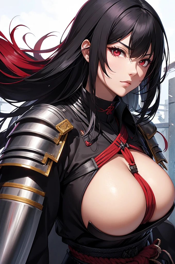 Woman samurai armor long black hair red eyes big breast village sword blood