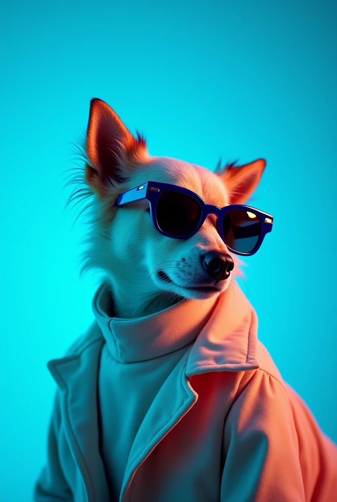 The best cell phone wallpaper, Award-Winning Wallpaper, portrait photography, In the front view is a portrait of a cute dog wearing mid-1960s space age fashion, Side view photo, Shot with Canon EOS R5, Set a strong contrast that accentuates the subject, Fluorescent blue tone, Wearing a very modern coat and sunglasses is a modern 1960s style, Clothes all in one color, beautiful background