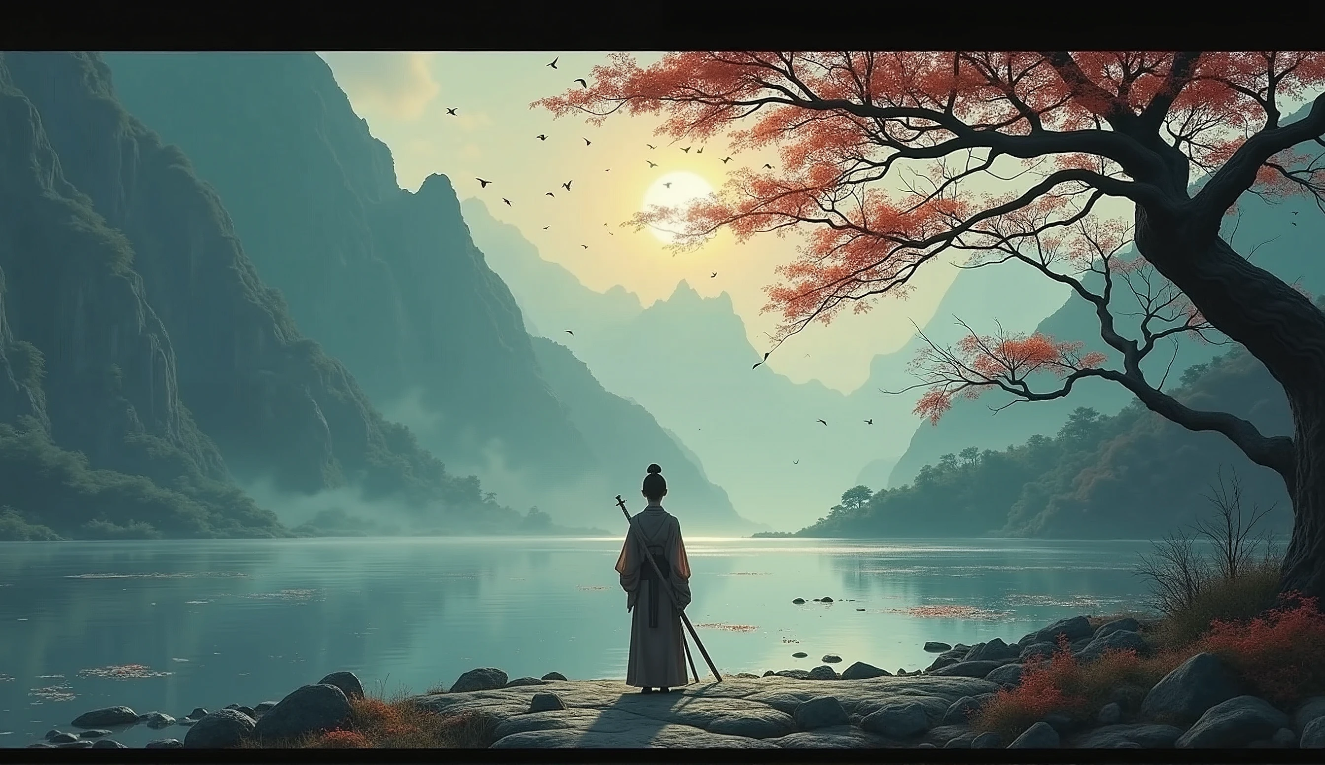 One picture describes five scenes，Movie storyboard scene 1:The sky rises straight up and destroys the vast，The Endless Tai Chi Long Scene 2:I haven&#39;t seen blood and grief for years，Forgetting Life and Death and Living in the Dust, Scene 3:Flying Stars Fly Far Away Crossing the Guan River，Ask the Lotus How to Know the Color of Ice and Snow Scene 4:Why hate the desolation after drinking，One Sorrow Is Not Enough to Unite the River Scene 5:The moon falls on the eaves of clothes，Borrowing a sword to pick flowers and scatter branches