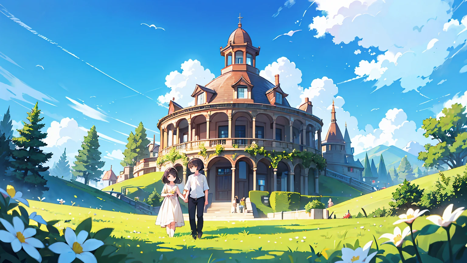 (걸작, 최고의 품질),Create an image of a couple holding hands, walking up a set of stairs towards a beautiful blue sky with fluffy clouds. The scene conveys a sense of romance and connection, integrated into the sky as if part of the cloudscape. The ground is covered with lush green grass and dotted with white flowers, enhancing the dreamy and serene atmosphere.
