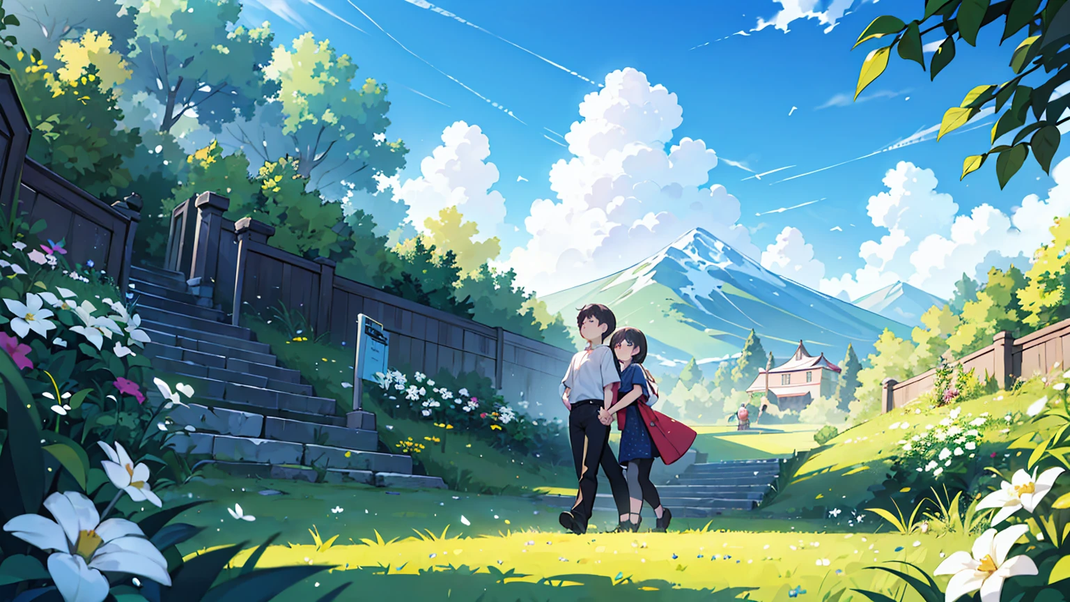 (걸작, 최고의 품질),Create an image of a couple holding hands, walking up a set of stairs towards a beautiful blue sky with fluffy clouds. The scene conveys a sense of romance and connection, integrated into the sky as if part of the cloudscape. The ground is covered with lush green grass and dotted with white flowers, enhancing the dreamy and serene atmosphere.
