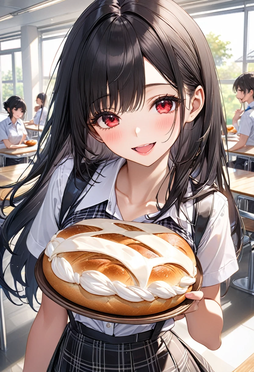 (best enjoy style), up view, (hand holding the Delicious baked round bread, There's cream inside), (solo:2, 18 yo) (beautiful detailed middle part bangs) (beautiful black hair long hair) (beautiful sexy sadist girl) (best cool red eyes) (best happy smile, glossy lip, wide open mouth) (big tits), in a summer Elegant school shirt, detailed Check pattern skirt, standing, break, in the beautiful master detailed School cafeteria, BREAK, perfect anatomy, masterpiece, best quality, 16k, beautiful detailed grow, daydreaming expression.