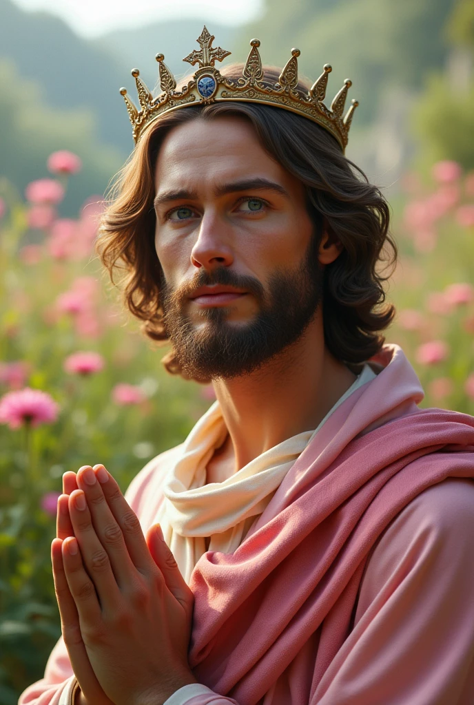 Perfect hand 5 finger, Portrait of a handsome Jesus Christ wearing the pink king clothes with king crown in the flower farm, Jesus Christ, real blue eyes, sunny day, intricate details.real Jesus Christ, straight head face, Straight body.Prayer Jesus Christ, perfect full body, perfect hands finger,Prayer Jesus Christ, praying Jesus Christ backgrounds natural photographic