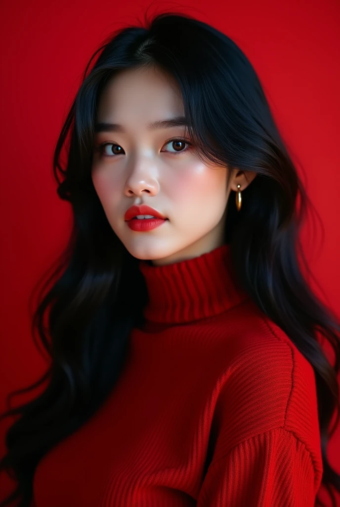 masterpiece, ultra-realistic, 20 years old, 8k, hd, beautiful girl, black hair, very long hair, straight hair, closed mouth,1girl, detailed face, beautiful woman's face, red sweater, plumpy, red background, looking to viewer, 85mm lens, cinematic light