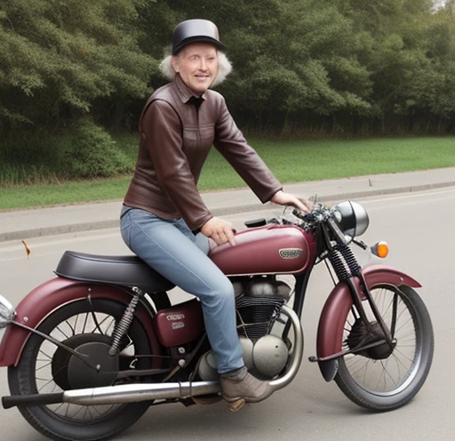 On a cool old motorcycle 