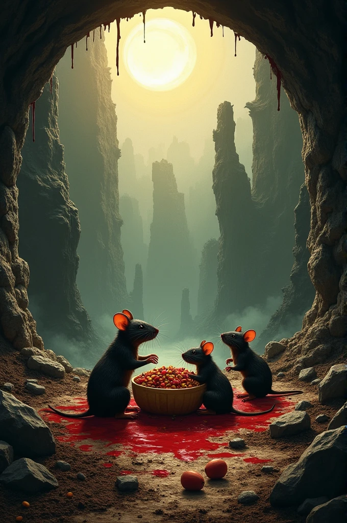Over the ground blood and ruins. 
Under the ground a rat family celebrating. Two parts are separated.
