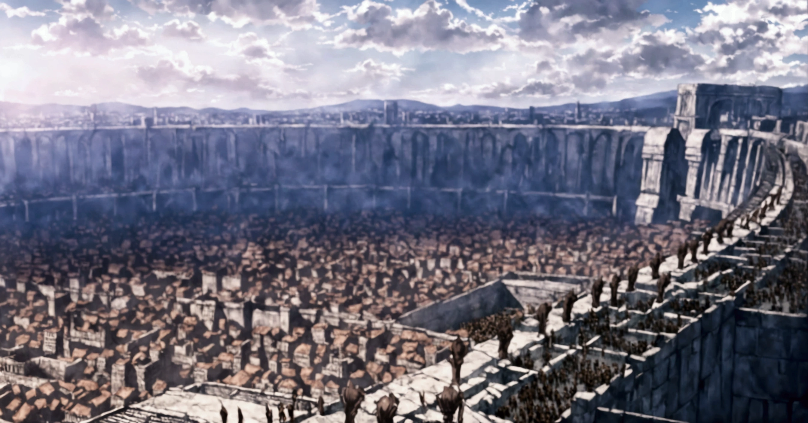 arafed view of a city with a huge stadium in the middle, attack on titan scenery, entire city in view, fortress mega structure city, large scale battle, (attack on titans anime), in a massive cavernous iron city, ruined city in background, a wide open courtyard in an epic, big and structured valhalla city, ruined city in the background