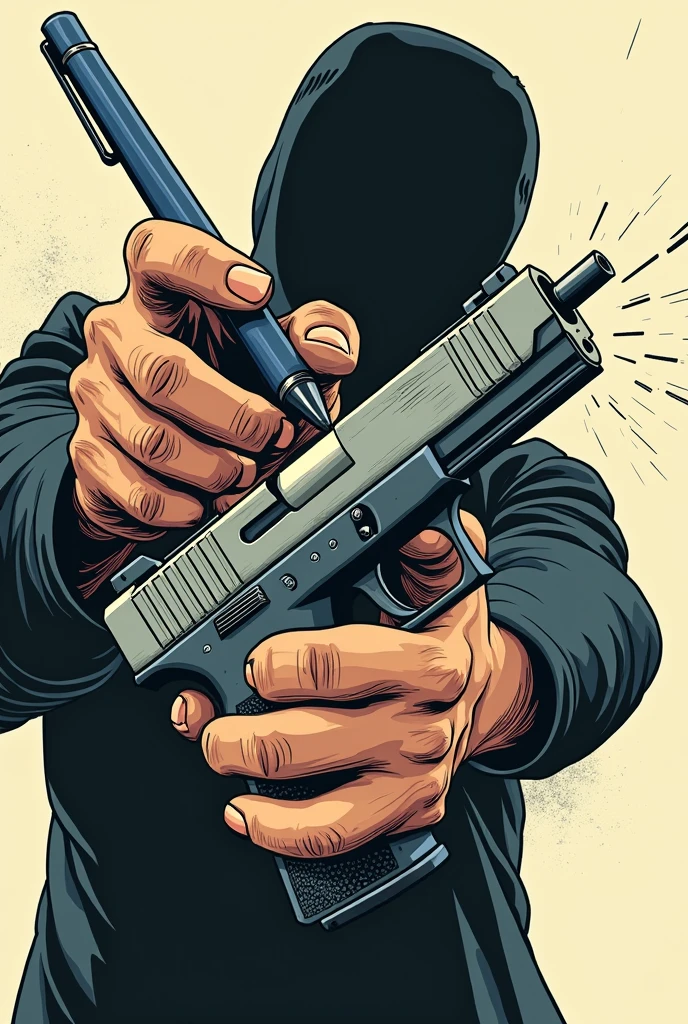 Breaking the Gun using a pen, comic style, 3 colours, less details, simple design