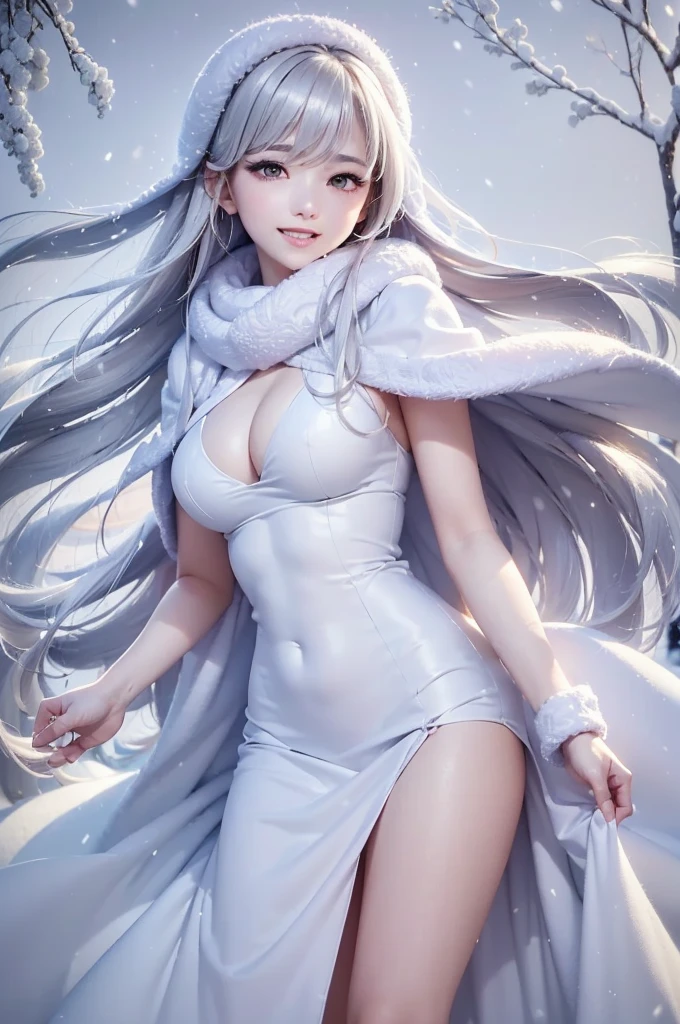 ((masterpiece:1.5、8k、Portraiture、フォトリアリスティックでVery detailedなCG、Very detailed、Particle Effects、Dynamic Effects、Shallow depth of field、Cinematic Light、Lens flare、Ray Tracing、Tabletop、Realistic:1.4、Ultra-high resolution:1.2、Realistic、Realistic))((alone、,オフショルダーのドレスの上にカシミアのcoatを着た女性:1.4、wear a long scarf、White belt、coat、Elegant woman posing、Detailed face、bright表情、young, bright, Whiter skin、small breasts、cleavage, Best Looks、Ultimate beauty、Shiny silver hair with highlights、bright and shiny hair,、Super long, Silky straight hair、Hair dancing in the wind))(morning、outdoors, winter, snow falling)