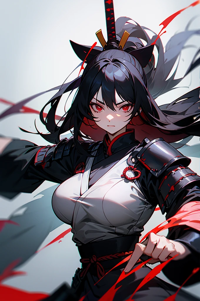 Woman samurai armor long black hair red eyes big breast village sword blood