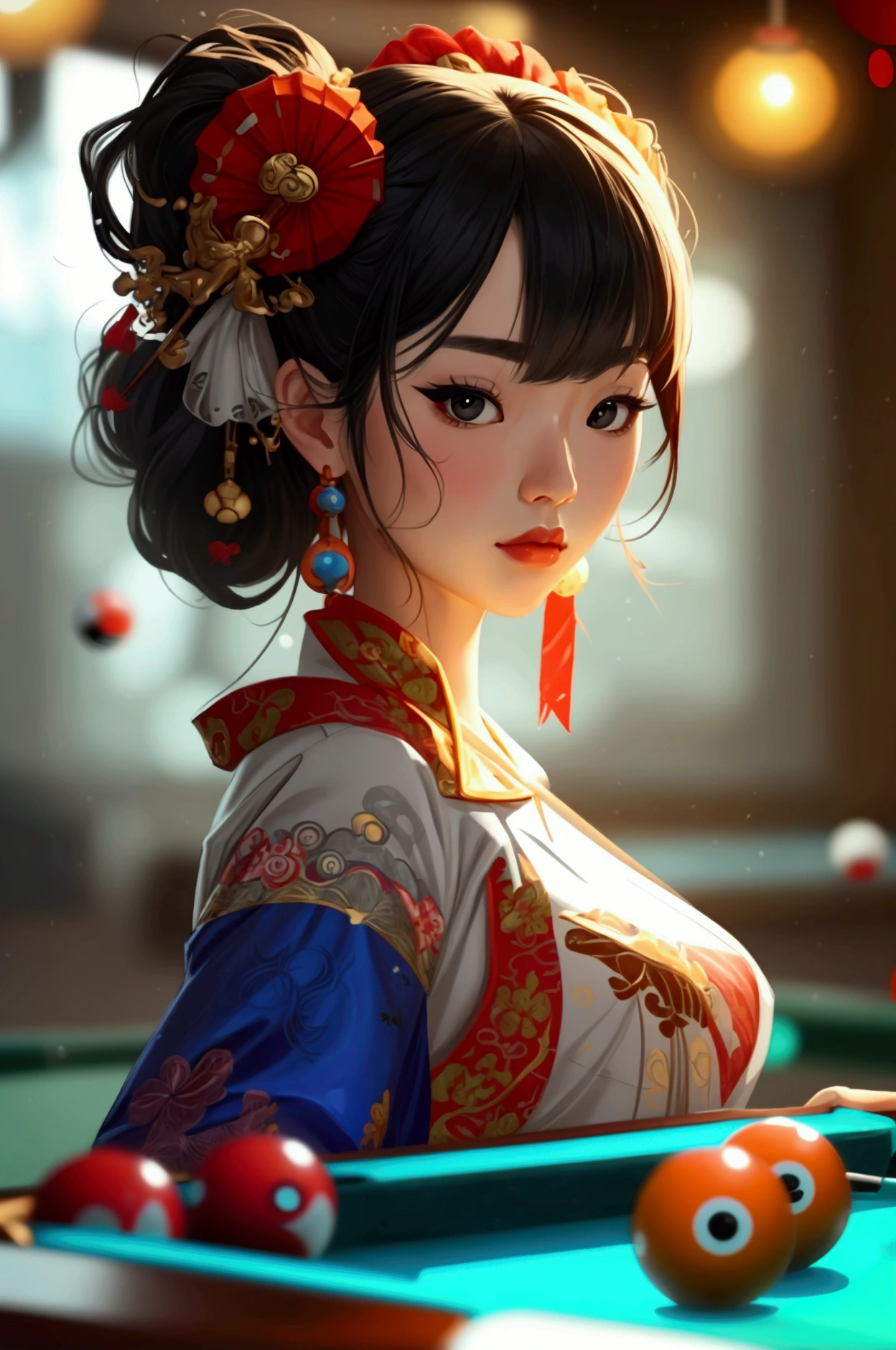 the icon for the game, character icon, korean girl, grey background, holding stick pool, billiard, icon game 8 ball pool