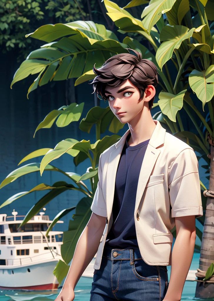 1 man in Japan、16 years old、good looking、wheat-colored skin、white T-suits、jeans、On a boat floating on a big river、Tropical plants and palm trees on the riverbank、perfect lighting、sharp focus、High definition、high resolution、High color rendering、High resolution、Super realistic、photo realistic 