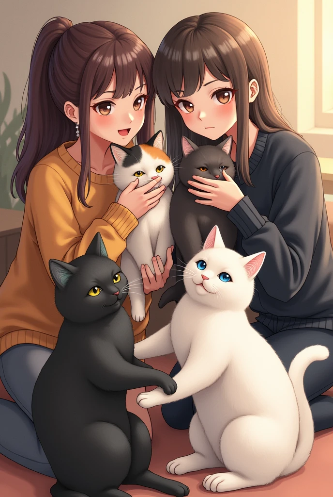 Bicolour cat with minimal black color, calico fluffy cat, black fluffy cat, black cat, white cat with blue eye colour, white fat cat and two woman holding them. Total 6 cat only!