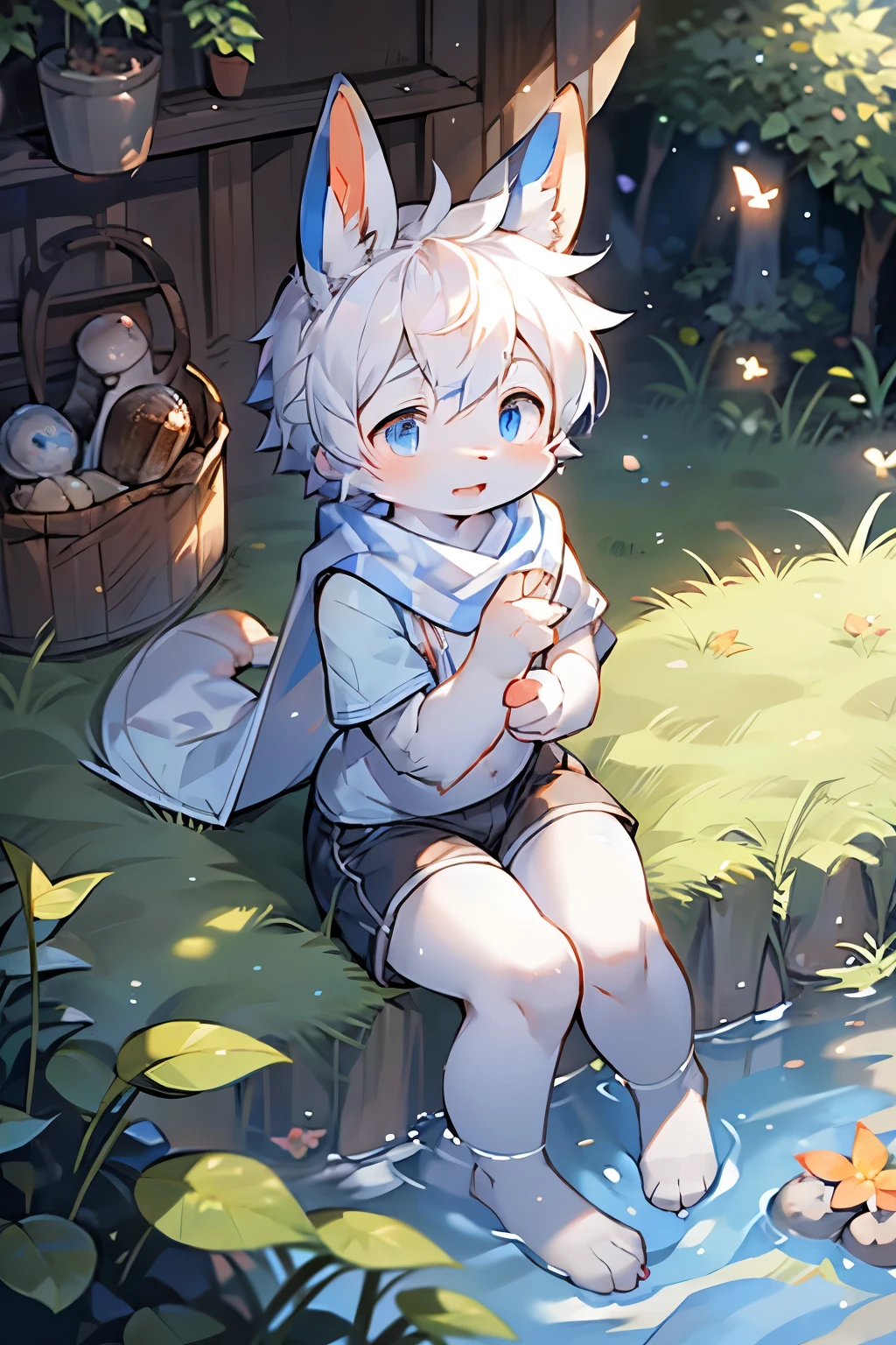 Dwarf rabbit boy,Bunny ears,Furry boys,Baby characteristics,Blue Skin,Blue arm,White hair,Short sleeve,shorts,Dwarf rabbit girl,Bunny ears,Furry girls,Baby characteristics,Red pupil,White skin,White Arm,White hair,scarf,Short skirt,Older siblings,garden,Eye contact