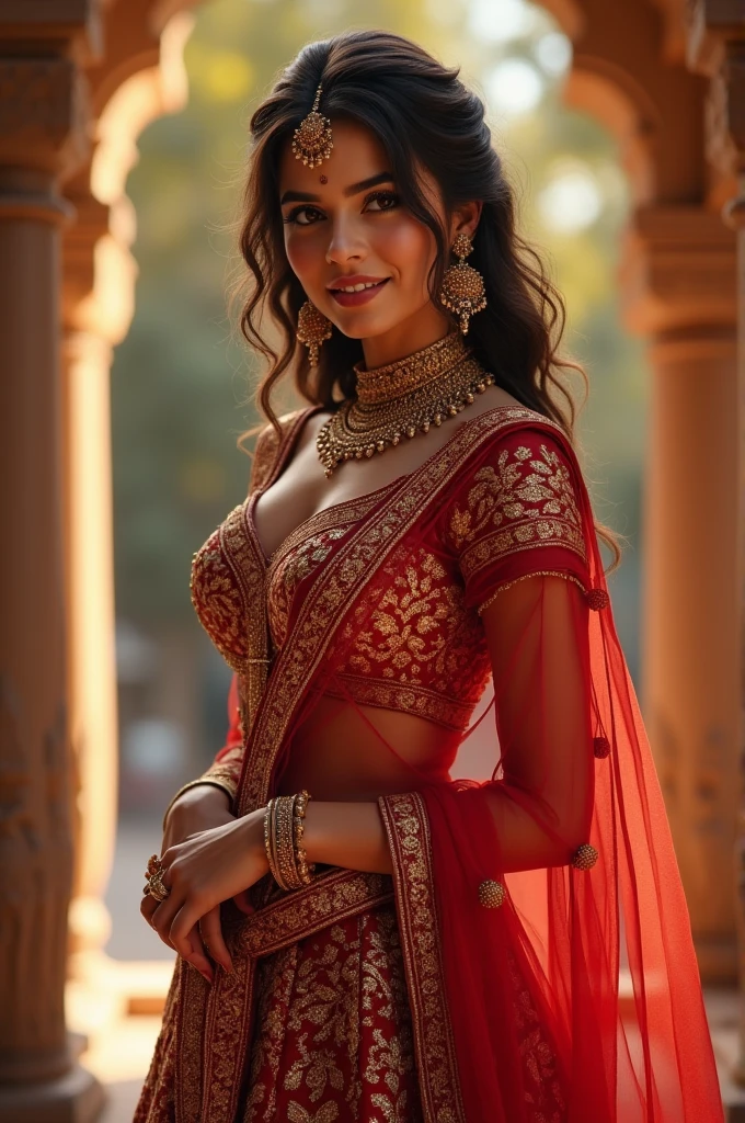 A young realistic woman adorned in very elegant traditional y Indian attire, cute and sexace, very very enormous breast), sexy type, seoutfit, sexy smi Indian weddi(realistic perfect face)) leaning right
