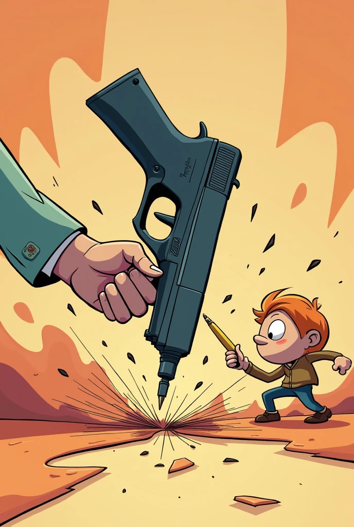 Breaking the Gun using a pen, comic style, 3 colours, less details, simple design