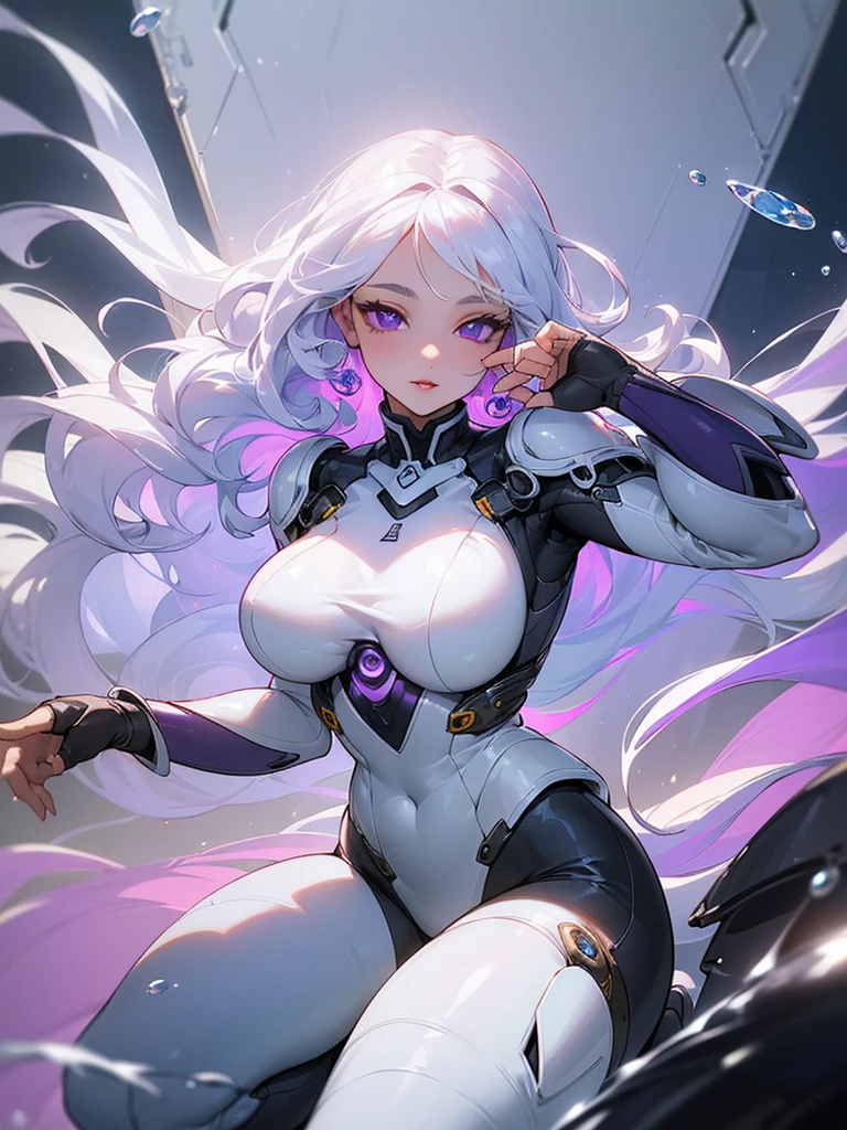 ((ultra quality)), ((masterpiece)), ((Water)), ((fire)), ((Angelic beauty woman)), ((long white curly hair)), ((White hair)), ((White hair)), ((curly hair)), (beautiful face), (beautiful female lips), Enchanting ((Seductive facial expression)), looks at the camera with a slight smile, (White skin color), (White skin), glow on the body, ((detailed eyes)), ((violet eyes)), (juicy female lips), (dark eyeliner), (beautiful female hands), ((thick body)), ideal female body, ((combat suit)), beautiful waist, beautiful big hips, big breasts, thick thighs, ((Subtle and beautiful)) (), ((depth of field)), ((high quality clear image)), (delete details), ((High detail)), ((clear focus))