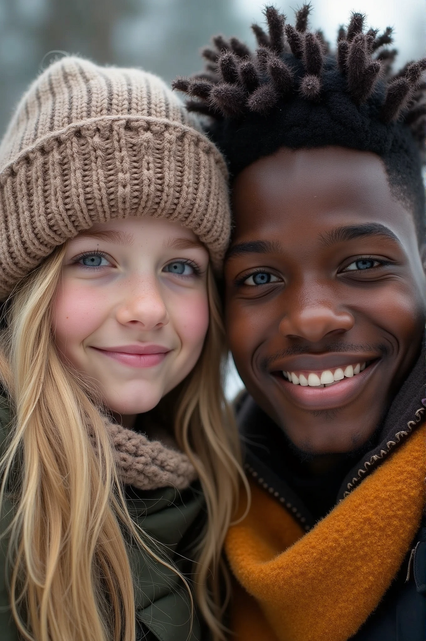 ((best quality)), ((masterpiece)), (detailed), perfect face couple interracial Young, girl blond and black boy in the winter 