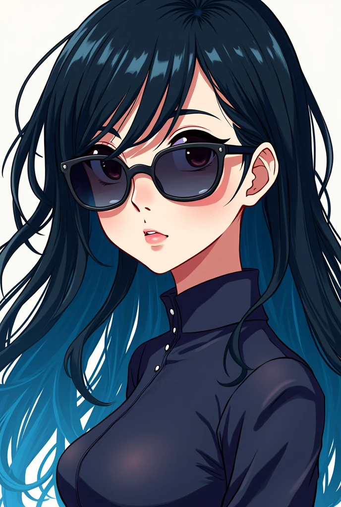 Wearing sunglasses, black and blue gradient hair, long hair, vintage clothing girl, anime style illustration