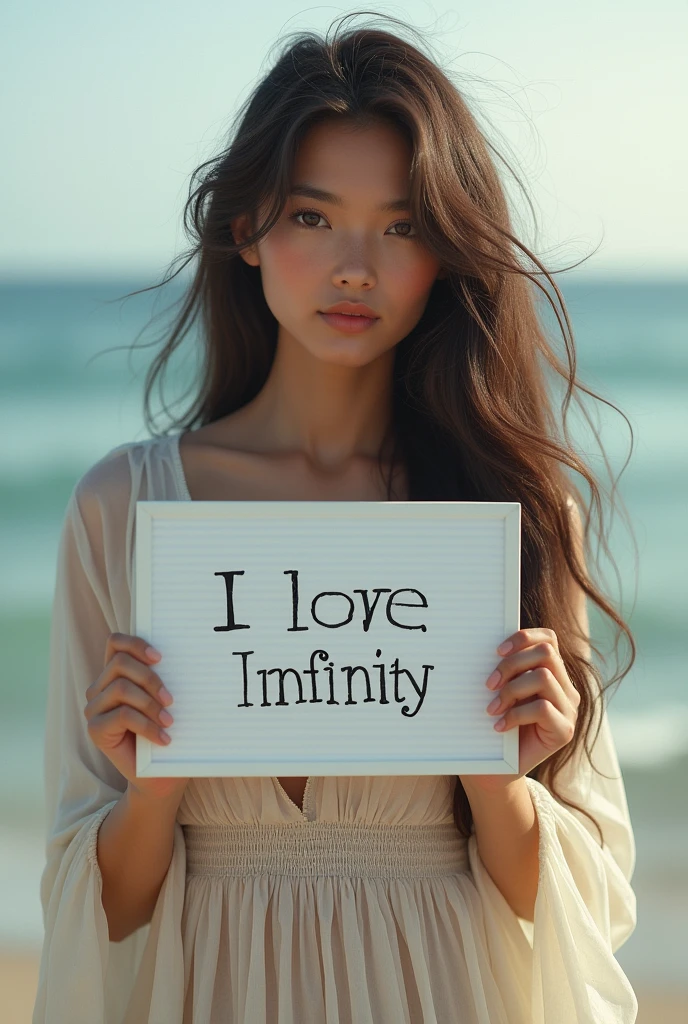Beautiful girl with wavy long hair, bohemian dress, holding a white board with text "I Love Seaart Infinity" and showing it to the viewer