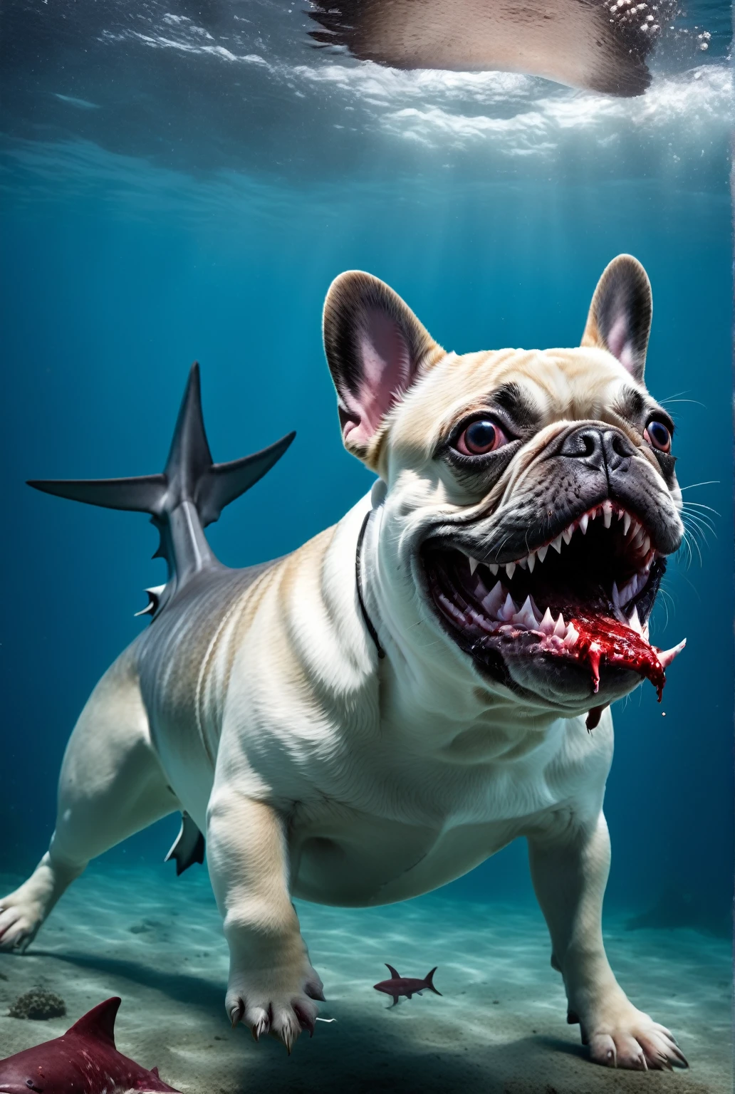 French Bulldog Shark hybrid swimming under the deep ocean attacking towards you, French Bulldog with a Shark body, blood, horror, cinematic
