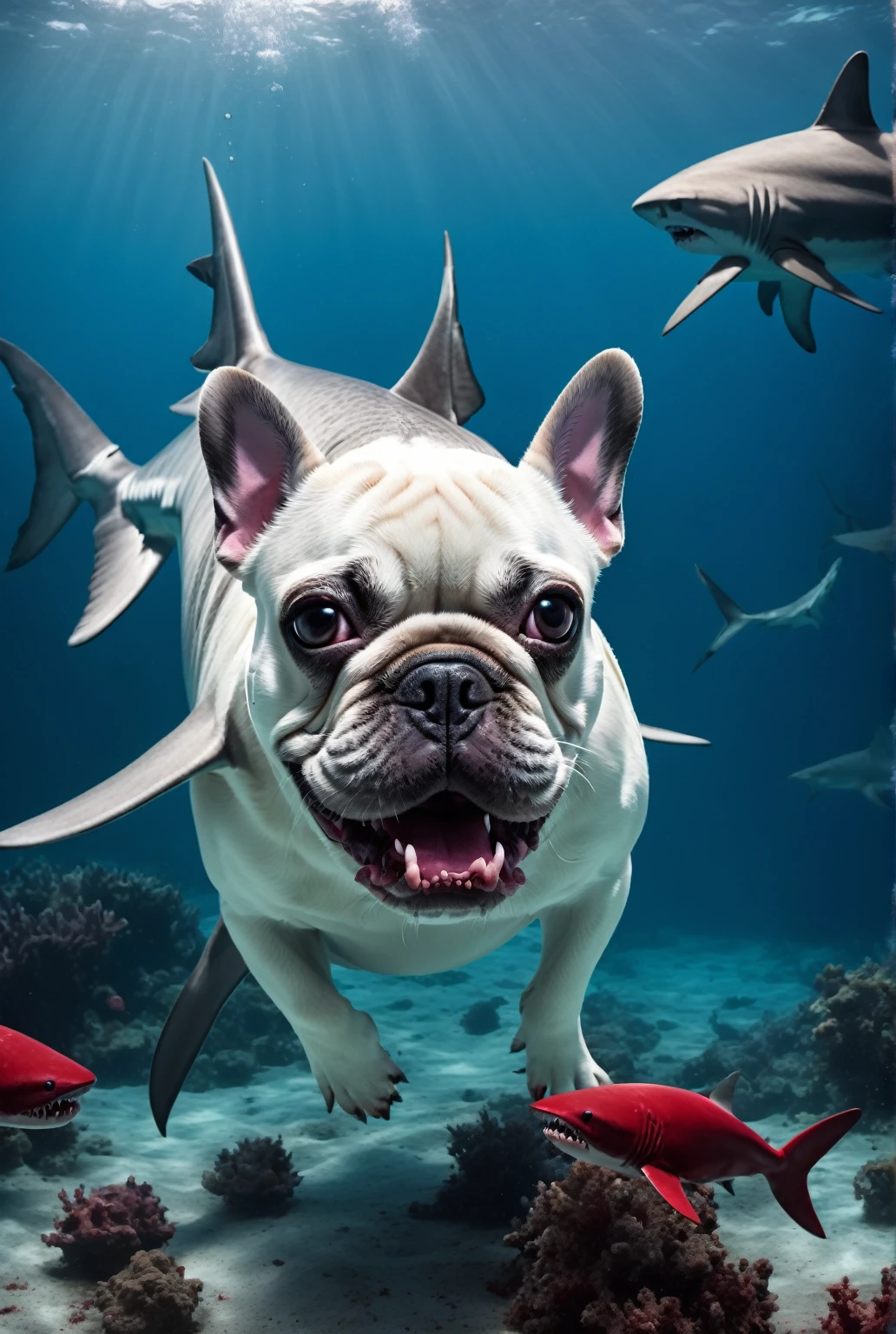 French Bulldog Shark hybrid swimming under the deep ocean attacking towards you, French Bulldog with a Shark body, blood, horror, cinematic