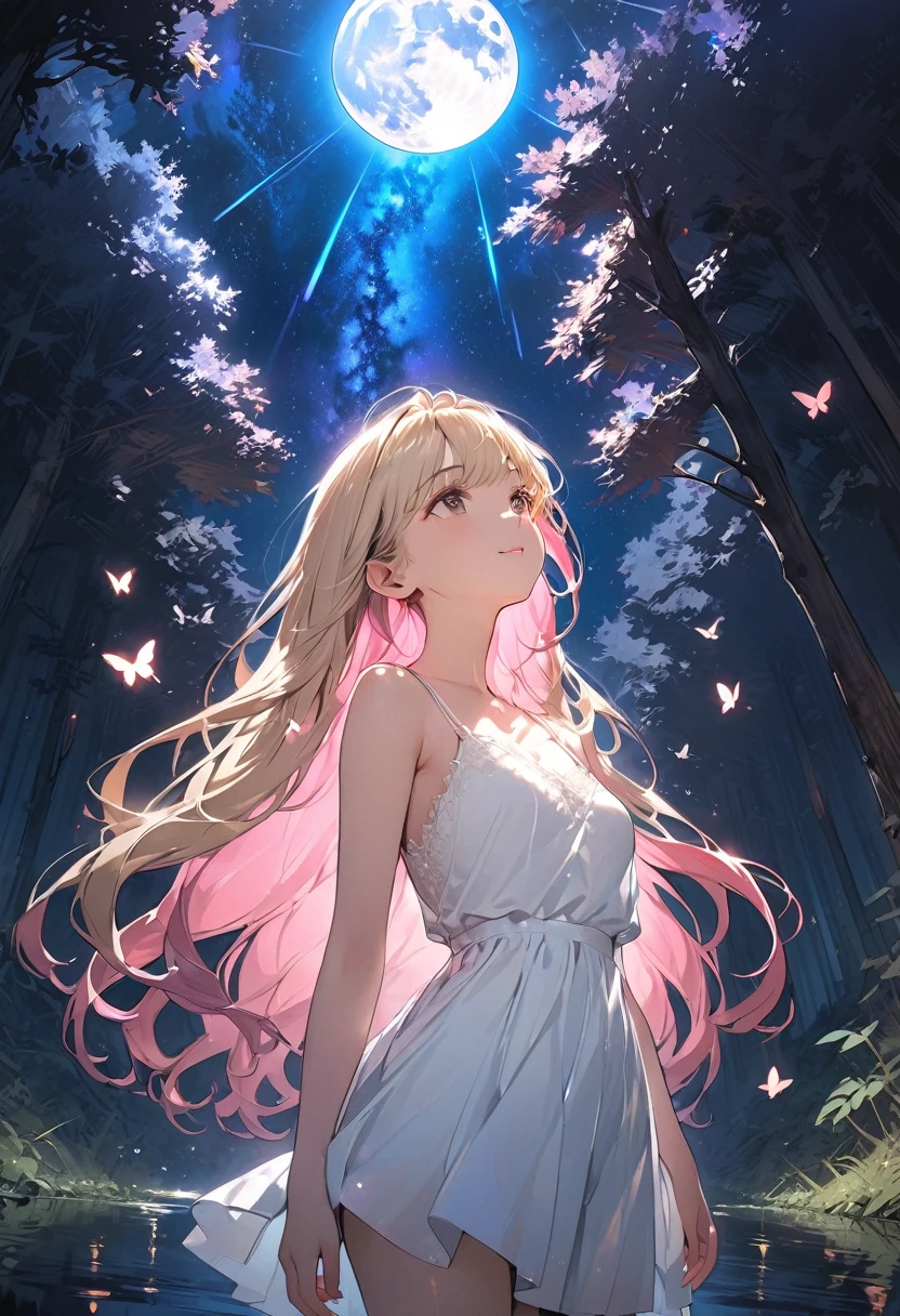 (best quality: 1.2, very detailed, high detail, ultra-high resolution, masterpiece: 1.2, top quality, best aesthetic, perfect lighting, best shadow, high contrast, high color saturation, the best natural light), anatomically correct, perfect hands, 
lake at night, starry sky, starlight, full moon, moonlight, woods, butterflies are flying in the air.
(a girl looking up at the sky: 1.2), 18 years old, 
perfect figure, slender body, long limbs, small head, 
straight long hair, shiny platinum blonde hair, bangs, (pink inner hair:1.1), white camisole, 
panoramic view, shoot from below, 
mysterious atmosphere, fantastic, beautiful lighting effects, contrast of light and shadow, 
deep depth of field, anime artwork, 