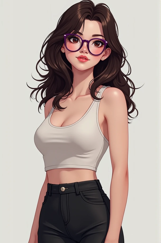 Medium build ager with big bust, hips a little hollow but big, White skin, very dark brown hair and dark purple glasses