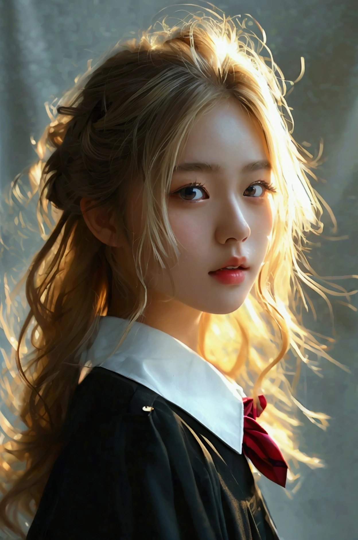 (masterpiece, best quality:1.2), japanese beautiful girl, light blonde long messy hair, highly detailed, naturally beautiful breasts, highres, 1girl, wear school uniform, in photo studio, random sexy pose