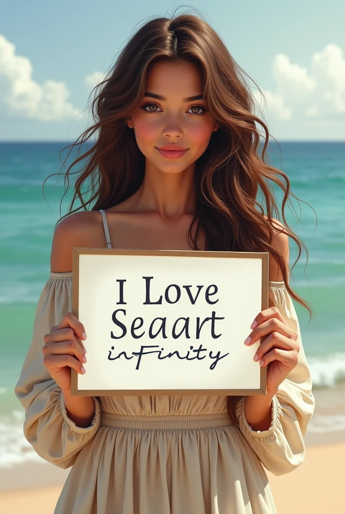Beautiful girl with wavy long hair, bohemian dress, holding a white board with text "I Love Seaart Infinity" and showing it to the viewer